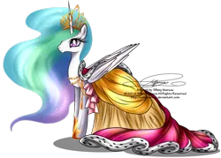 Size: 1200x860 | Tagged: safe, artist:tiffanymarsou, derpibooru import, princess celestia, pony, clothes, dress, female, gala dress, mare, signature, simple background, solo, transparent background, watermark