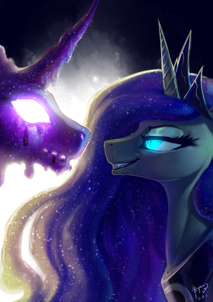 Size: 2480x3507 | Tagged: safe, artist:begasus, derpibooru import, princess luna, tantabus, alicorn, pony, duo, female, glowing eyes, grin, mare, nightmare luna, smiling