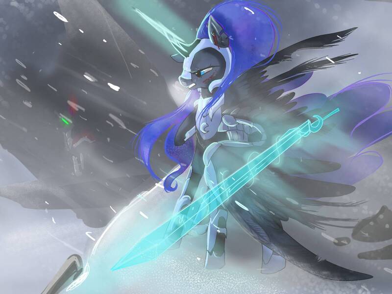 Size: 1600x1200 | Tagged: safe, artist:nutty-stardragon, artist:nuttypanutdy, derpibooru import, king sombra, princess luna, alicorn, pony, armor, blood, cut, female, mare, snow, sword, weapon