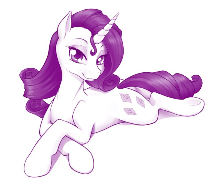 Size: 1000x836 | Tagged: artist:dstears, derpibooru import, looking at you, monochrome, prone, rarity, safe, simple background, smiling, solo, white background