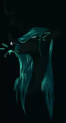 Size: 421x781 | Tagged: safe, artist:marshmellowcannibal, derpibooru import, queen chrysalis, changeling, changeling queen, black background, bust, fangs, female, open mouth, portrait, profile, simple background, solo, tongue out