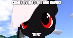 Size: 944x499 | Tagged: safe, artist:midnightruby, derpibooru import, oc, oc:midnight ruby, unofficial characters only, bat pony, pony, 3d, bust, caption, cloud, cloudy, cute, cute little fangs, fangs, female, filly, looking at you, meme, portrait, rawr, red eyes, second life, solo
