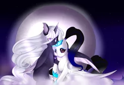 Size: 3074x2100 | Tagged: safe, artist:clefficia, derpibooru import, oc, unofficial characters only, pegasus, pony, unicorn, cute, duo, female, full moon, hair over one eye, mare, night sky, smiling, stars, transparent mane