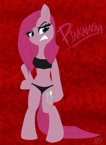 Size: 1201x1646 | Tagged: anthro, artist:hufflepuffrave, bandeau, belly button, black underwear, bra, bra on pony, breasts, cleavage, clothes, derpibooru import, female, gritted teeth, panties, pinkamena diane pie, pinkie pie, solo, solo female, suggestive, underwear, unguligrade anthro