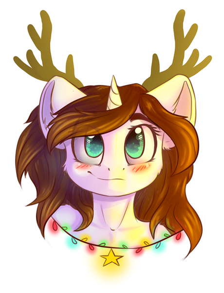 Size: 861x1123 | Tagged: dead source, safe, artist:freckleplant, derpibooru import, oc, unofficial characters only, deer, pony, reindeer, semi-anthro, unicorn, antlers, blushing, bust, christmas lights, commission, eye clipping through hair, looking at you, portrait, simple background, solo, white background