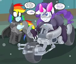 Size: 2400x2025 | Tagged: artist:blackbewhite2k7, batman, batmare, batpod, catwoman, crossover, derpibooru import, dialogue, female, lesbian, motorcycle, rainbow dash, raridash, rarity, safe, shipping, snow, speech bubble, the dark knight rises