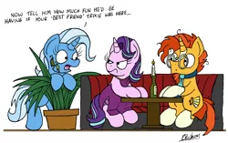 Size: 2323x1458 | Tagged: safe, artist:bobthedalek, derpibooru import, starlight glimmer, sunburst, trixie, pony, unicorn, angry, annoyed, bipedal, bottle, camouflage, candle, clothes, dialogue, dress, eye contact, frown, glare, inconvenient trixie, looking at each other, looking back, male, messy mane, necktie, open mouth, plant, potted plant, restaurant, shipping, simple background, sitting, starburst, starlight is not amused, straight, third wheel, trio, unamused, white background, wide eyes