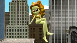 Size: 3020x1698 | Tagged: suggestive, artist:shrunkenlover, derpibooru import, adagio dazzle, equestria girls, 3d, barefoot, bedroom eyes, boyshorts, bra, breasts, city, clothes, crop top bra, crossed legs, feet, female, giantess, gold underwear, lidded eyes, macro, panties, solo, solo female, underwear, yellow underwear