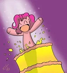 Size: 1024x1117 | Tagged: artist:koku-chan, cake, derpibooru import, food, pinkie pie, pop out cake, popping out of a cake, safe, signature, simple background, solo, surprised