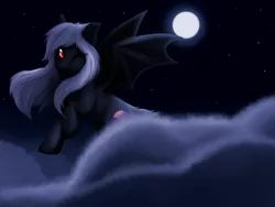 Size: 1600x1200 | Tagged: artist needed, source needed, safe, derpibooru import, oc, oc:midnight ruby, unofficial characters only, bat pony, pony, cloud, cloudy, flying, moon, night, one eye closed, red eyes, solo