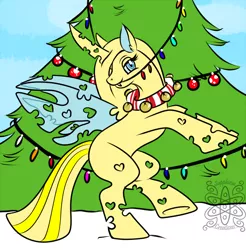 Size: 1100x1118 | Tagged: artist:sapphirus, changeling, changeling oc, christmas lights, christmas tree, commission, derpibooru import, oc, safe, solo, tree, unofficial characters only, yellow changeling