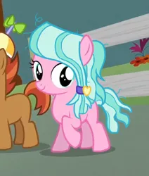 Size: 323x381 | Tagged: safe, derpibooru import, edit, edited screencap, screencap, aquamarine, button mash, sugar stix, earth pony, pony, crusaders of the lost mark, aquamarine wears everything, background pony, blank flank, cropped, female, filly, foal, hair tie, hat, liquid button, propeller hat, solo focus