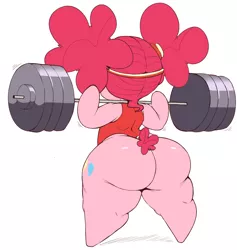Size: 1108x1167 | Tagged: artist:purple-yoshi-draws, ask, balloonbutt, barbell, clothes, derpibooru import, female, leotard, pinkie pie, pinkie puffs, pinktails pie, plot, semi-anthro, shortstack, short tail, simple background, solo, solo female, squatting, suggestive, tanktop, the ass was fat, thong leotard, thunder thighs, tumblr, weight lifting, white background