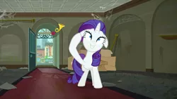 Size: 1366x768 | Tagged: safe, derpibooru import, screencap, rarity, pony, unicorn, the saddle row review, dirty, dust, female, floppy ears, grin, insanity, manehattan, mare, rarity for you, saddle row, smiling, solo, spider web, wide eyes