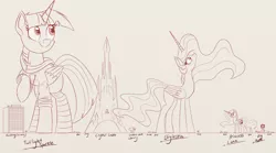 Size: 3314x1844 | Tagged: safe, alternate version, artist:ncmares, derpibooru import, applejack, princess celestia, princess luna, twilight sparkle, twilight sparkle (alicorn), alicorn, pony, comic:big celly, big-pon, biglestia, building, building (10 story), bus, clothes, crystal castle, crystal empire, giant pony, giantlestia, golden oaks library, hoodie, house, macro, mega luna, mega twilight sparkle, monochrome, silo, simple background, size comparison, size difference, socks, striped socks, tree