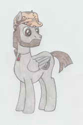 Size: 668x1000 | Tagged: safe, artist:agentappleblanket, derpibooru import, oc, oc:leadhoof, unofficial characters only, pegasus, pony, 2017 community collab, derpibooru community collaboration, beard, camouflage, facial hair, hat, jewelry, necklace, pencil drawing, shotgun shell, simple background, solo, traditional art, white background