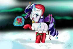 Size: 3000x2000 | Tagged: artist:darkpandax, artist:shogundun, christmas, clothes, colored, color edit, derpibooru import, edit, female, hat, holly, open mouth, plot, rarity, rearity, safe, santa hat, signature, socks, solo