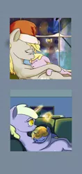 Size: 2400x5100 | Tagged: artist:aaronmk, derpibooru import, derpy hooves, dinky hooves, female, filly, flash sentry, hat, night, older, photo, reflection, safe, santa hat, sleeping, snow, window, winter