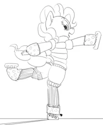 Size: 1280x1554 | Tagged: safe, artist:pabbley, derpibooru import, pinkie pie, earth pony, pony, balancing, balloonbutt, bottomless, butt, clothes, dock, female, ice skates, ice skating, jacket, looking back, mare, monochrome, open mouth, plot, simple background, smiling, socks, solo, standing, standing on one leg, white background