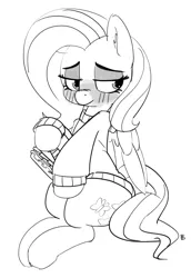 Size: 1280x1864 | Tagged: artist:pabbley, blushing, bottomless, clothes, derpibooru import, fluttershy, food, futa, implied futa, implied futashy, intersex, monochrome, not porn, partial nudity, sandwich, sandwich censorship, simple background, sitting, solo, solo futa, suggestive, sweater, sweatershy, white background