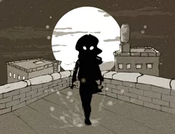 Size: 1748x1340 | Tagged: safe, artist:ilacavgbmjc, derpibooru import, sunset shimmer, fanfic, equestria girls, city, fanfic art, monochrome, moon, rooftop, silhouette, solo, the devil inside