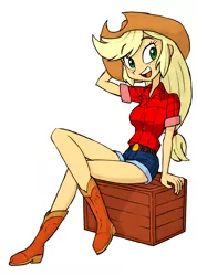 Size: 1070x1500 | Tagged: safe, artist:shinda mane, artist:union of the snake, artist:uotsda, derpibooru import, applejack, comic:psychosomatic counterfeit ex: a.j., equestria girls, applejack's hat, boots, clothes, colored, cowboy hat, crate, cute, female, hat, jackabetes, open mouth, simple background, sitting, solo, white background