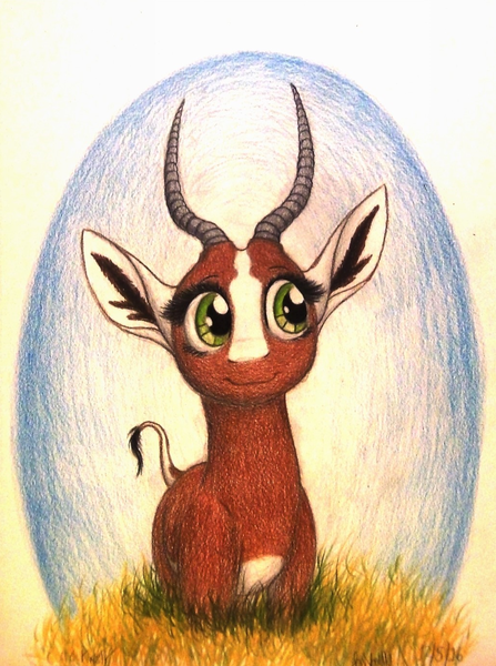 Size: 1024x1376 | Tagged: safe, artist:thefriendlyelephant, derpibooru import, oc, oc:kweli masozi, unofficial characters only, antelope, bontebok, animal in mlp form, cute, grass, horns, solo, traditional art