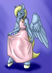 Size: 1446x2046 | Tagged: anthro, anthro oc, artist:bingodingo, braid, charm, clothes, collar, crossdressing, derpibooru import, dress, femboy, gift art, girly, lidded eyes, male, oc, oc:windswept skies, pegasus, pink dress, safe, simple background, smiling, solo, spread wings, stallion, unguligrade anthro, unofficial characters only, unshorn fetlocks, wings, yellow eyes