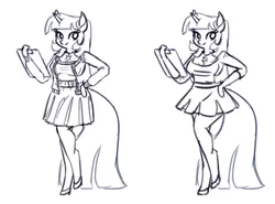 Size: 1354x1000 | Tagged: anthro, artist:king-kakapo, black and white, clipboard, clothes, derpibooru import, grayscale, high heels, jewelry, looking at you, monochrome, multiple variants, necklace, pleated skirt, safe, shoes, sketch, skirt, solo, twilight sparkle, unguligrade anthro