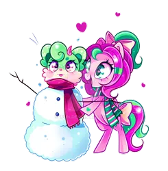 Size: 800x815 | Tagged: safe, artist:ipun, derpibooru import, oc, oc:gadget, oc:precious metal, unofficial characters only, pegasus, pony, bow, clothes, hair bow, heart eyes, scarf, simple background, snow, snowman, transparent background, watermark, wingding eyes