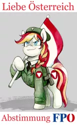 Size: 1971x3176 | Tagged: safe, artist:sharpysaber, derpibooru import, oc, oc:reinna vorau, unofficial characters only, 1683, austria, belt, braid, bundeswehr, chubby, clothes, cute, european union, flag, fpo, german, glock, image, jacket, nationalism, necktie, png, politics, ponytail, propaganda, propaganda poster, remove kebab, solo, uniform