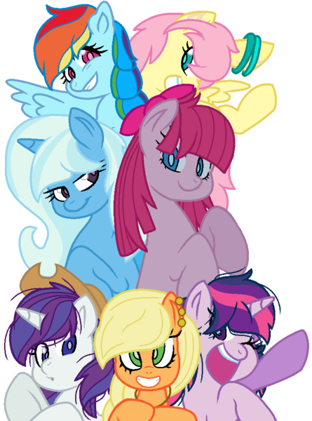 Size: 756x1020 | Tagged: safe, artist:bezziie, artist:emeraldjeweltm, artist:jirousan, derpibooru import, applejack, fluttershy, pinkie pie, rainbow dash, rarity, trixie, twilight sparkle, pony, unicorn, alternate mane seven, alternate universe, base used, female, mane six, mare, pinkamena diane pie