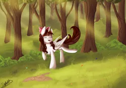 Size: 5000x3500 | Tagged: safe, artist:xskytheartist, derpibooru import, oc, oc:jennabun, unofficial characters only, alicorn, pony, alicorn oc, crepuscular rays, eyes closed, forest, raised hoof, solo