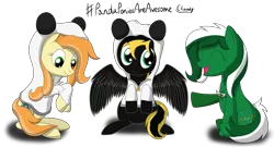Size: 3900x2100 | Tagged: safe, artist:cloudy95, derpibooru import, oc, oc:aphelion, oc:haven, oc:rayva, unofficial characters only, earth pony, pegasus, pony, animal costume, clothes, costume, female, mare, panda costume, simple background, transparent background