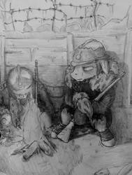 Size: 1579x2086 | Tagged: safe, artist:coolumbus, derpibooru import, pony, barbed wire, clothes, coat, corpse, dead, depressed, fireplace, floppy ears, freezing, french, gun, helmet, monochrome, mortar, pickelhaube, rifle, sitting, speedpaint, traditional art, trench, trench warfare, weapon, winter, world war i