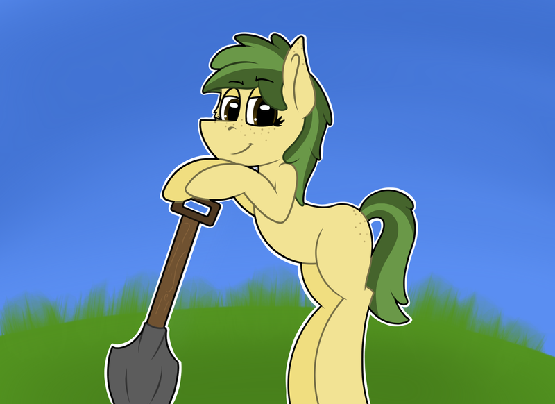 Size: 2000x1455 | Tagged: safe, artist:koonzypony, derpibooru import, oc, oc:cambium root, unofficial characters only, earth pony, pony, butt freckles, ear freckles, freckles, grass, shovel, simple background, solo, working