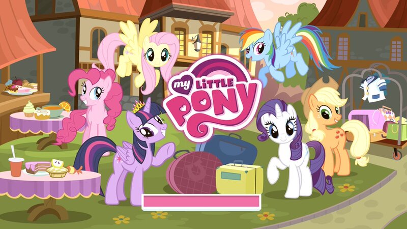 Size: 1200x675 | Tagged: safe, derpibooru import, applejack, fluttershy, pinkie pie, rainbow dash, rarity, twilight sparkle, twilight sparkle (alicorn), alicorn, pony, season 7, gameloft, golden horseshoe hotel, hotel, loading screen, mane six, my little pony logo, pony hotel