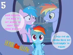 Size: 1024x768 | Tagged: safe, artist:bronybyexception, derpibooru import, firefly, rainbow blaze, rainbow dash, pony, advent calendar, christmas, dialogue, fireblaze, g1, g1 to g4, generation leap, home alone, locked out, male, misspelling, shipping, straight, younger