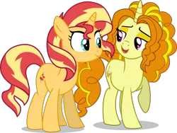 Size: 6000x4518 | Tagged: safe, artist:limedazzle, derpibooru import, adagio dazzle, sunset shimmer, ponified, pony, unicorn, equestria girls, absurd resolution, alternate universe, best friends, cute, duo, equestria girls ponified, eye contact, female, lidded eyes, looking at each other, mare, open mouth, raised eyebrow, raised hoof, shimmerbetes, simple background, smiling, transparent background, vector