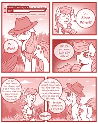 Size: 800x1008 | Tagged: anthro, applejack, artist:vavacung, comic, comic:chaos future, derpibooru import, hat, life bar, monochrome, oc, oc:little aj, offspring, parent:applejack, parents:canon x oc, parent:unnamed oc, safe, undead, unguligrade anthro, wooden sword