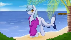 Size: 1920x1080 | Tagged: artist:resonance, beach, clothes, colored pupils, derpibooru import, female, hoodie, looking at you, oc, ocean, oc:hatii, original species, safe, sand, shark, shark pony, solo, summer, unofficial characters only, water