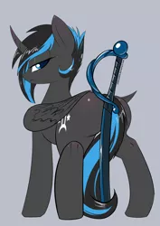 Size: 2893x4092 | Tagged: suggestive, derpibooru import, oc, oc:ebony, unofficial characters only, alicorn, pony, alicorn oc, covering, looking back, plot, solo, sword, tail covering, weapon