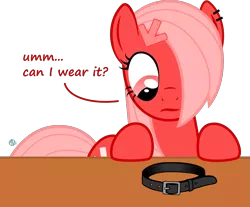 Size: 2426x2012 | Tagged: safe, artist:arifproject, derpibooru import, oc, oc:downvote, ponified, unofficial characters only, pony, derpibooru, collar, derpibooru ponified, dialogue, hair accessory, hair over one eye, looking down, meta, simple background, solo, table, transparent background, vector