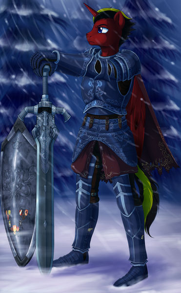 Size: 1919x3100 | Tagged: alicorn, anthro, anthro oc, armor, artist:evomanaphy, commission, crossover, dark souls 3, derpibooru import, fantasy class, forest, knight, male, oc, plantigrade anthro, safe, shield, snow, snowfall, solo, sword, unofficial characters only, warrior, weapon