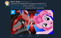 Size: 1376x845 | Tagged: deadpool, death battle, derpibooru import, fourth wall pose, meta, pinkie pie, safe, screwattack.com, twitter