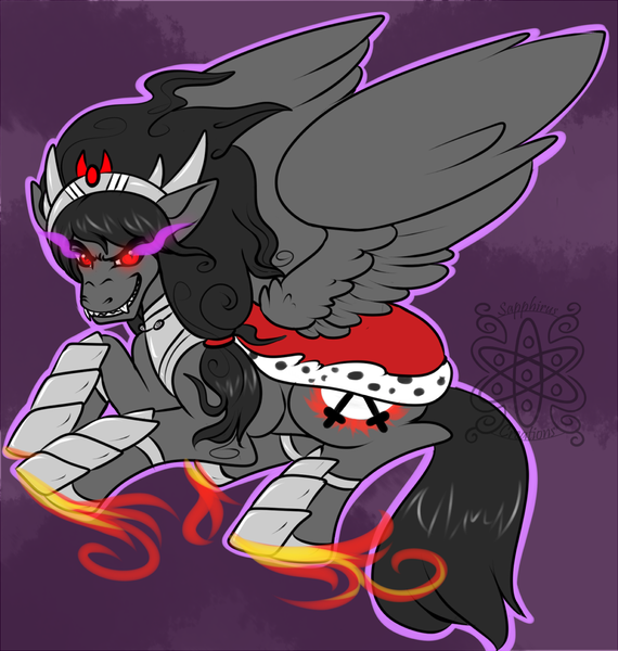 Size: 1100x1157 | Tagged: safe, artist:sapphirus, derpibooru import, oc, unofficial characters only, pegasus, pony, armor, commission, male, offspring, parent:king sombra, red and black oc, solo, stallion