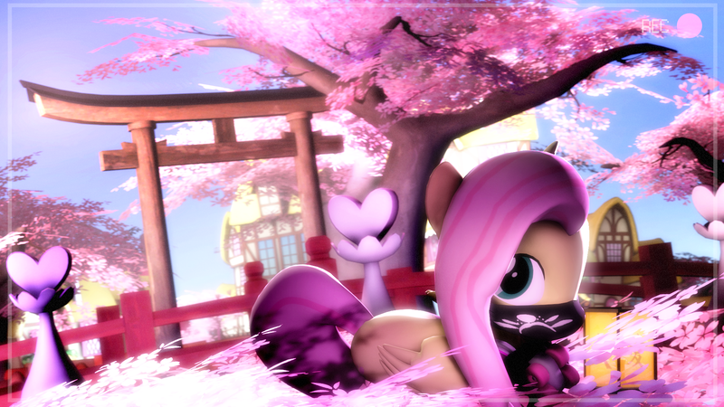 Size: 1920x1079 | Tagged: 3d, archway, artist:doge4ce, building, cherry blossoms, cute, derpibooru import, flower, fluttershy, mask, prone, safe, shyabetes, solo, source filmmaker, tree