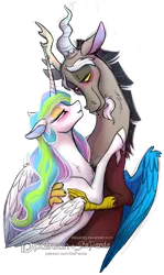 Size: 826x1390 | Tagged: safe, artist:stepandy, derpibooru import, discord, princess celestia, dislestia, eyeshadow, lidded eyes, looking at each other, makeup, male, shipping, straight