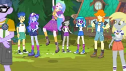 Size: 1280x720 | Tagged: safe, derpibooru import, screencap, derpy hooves, flash sentry, microchips, octavia melody, princess celestia, princess luna, valhallen, vinyl scratch, equestria girls, legend of everfree, legend of everfree - bloopers, animated actors, background human, blooper, boots, camp everfree outfits, cheering, clothes, converse, cute, cutelestia, happy, jumping, legs, principal celestia, shoes, sillestia, silly, sneakers, socks, vice principal luna