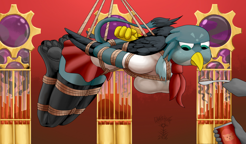 Size: 1469x864 | Tagged: suggestive, artist:quakehoof, derpibooru import, gabby, anthro, gryphon, series:of steam and slaves, bondage, bound wings, box tied, breast bondage, breasts, busty gabby, cat food, clothes, crotch rope, female, humiliation, knee tied, offscreen character, scarf, school uniform, school uniform fetish, skirt, skirt lift, slavery, socks, stockings, suspended, suspension bondage, thigh highs, zettai ryouiki